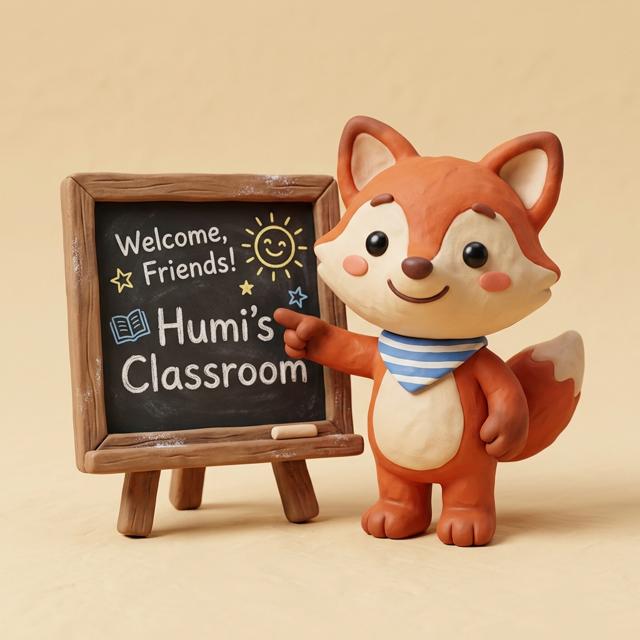 Humi pointing to a chalkboard teaching
